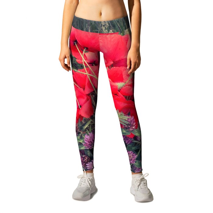 Summer red poppies and clover bloquet in woman's hand field essence Leggings