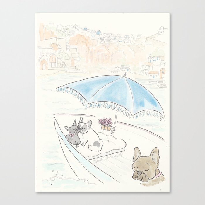 Sweet French Bulldog Santorini Romance Canvas Print