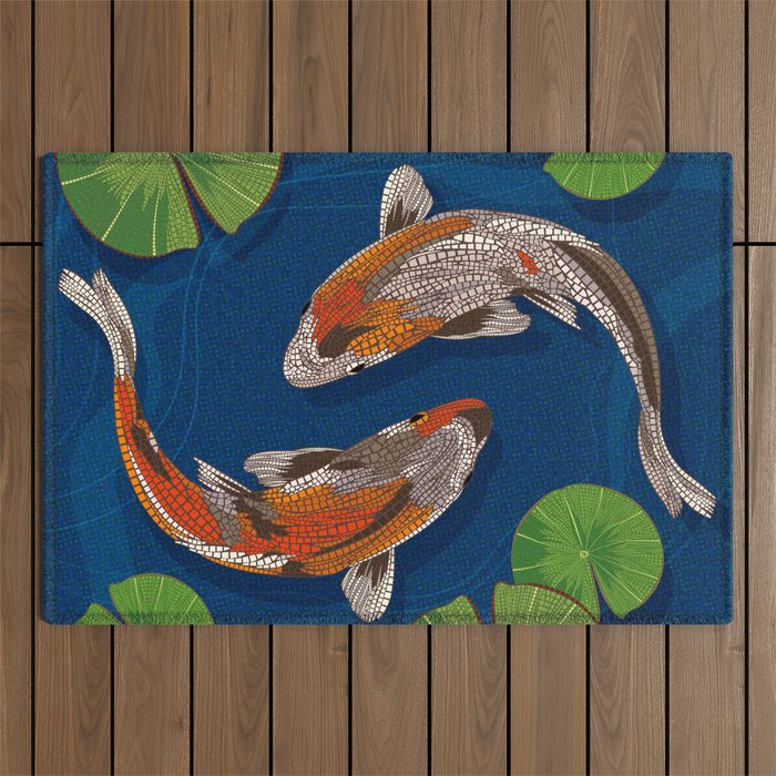 Koi meets Koi in Waterlily pond (Mosaic) Outdoor Rug