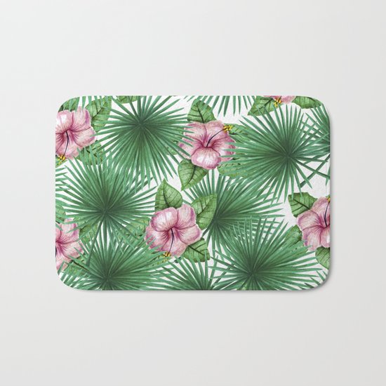 Jungle Love, Palm Leaves And Hibiscus White Bath Mat