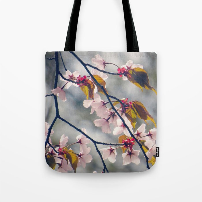 crabapple blossom - pretty pink blossoms on grey background Tote Bag