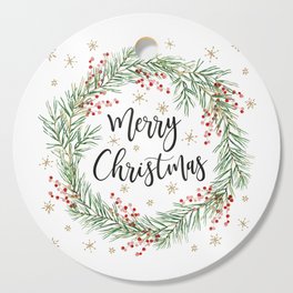 Merry Christmas wreath with red berries Cutting Board