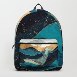 Blue Whale Backpack | Curated, Graphicdesign, Water, Modern, Dream, Whale, Nature, Gold, Sea, Digital 