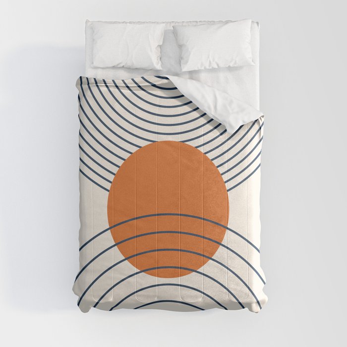 Geometric Lines in Orange and Navy Blue (Sun and Rainbow Abstract) Comforter