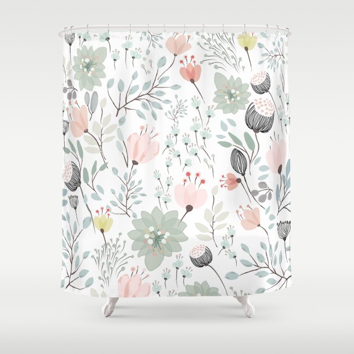 Flower and leaf pattern in tropical green and pink tones and pastels with seamless background Shower Curtain