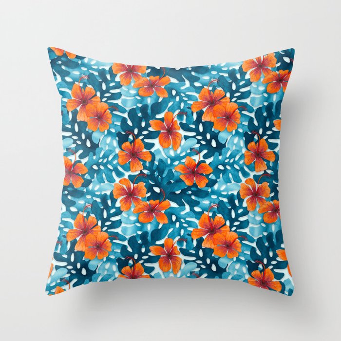 Tropical Hibiscus Pattern Orange Throw Pillow