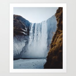 Iceland Waterfall - Skogafoss Art Print | Waterfall, Iceland, Snow, Travel, Cold, Beautiful, Icy, Adventure, Skogafoss, Photo 