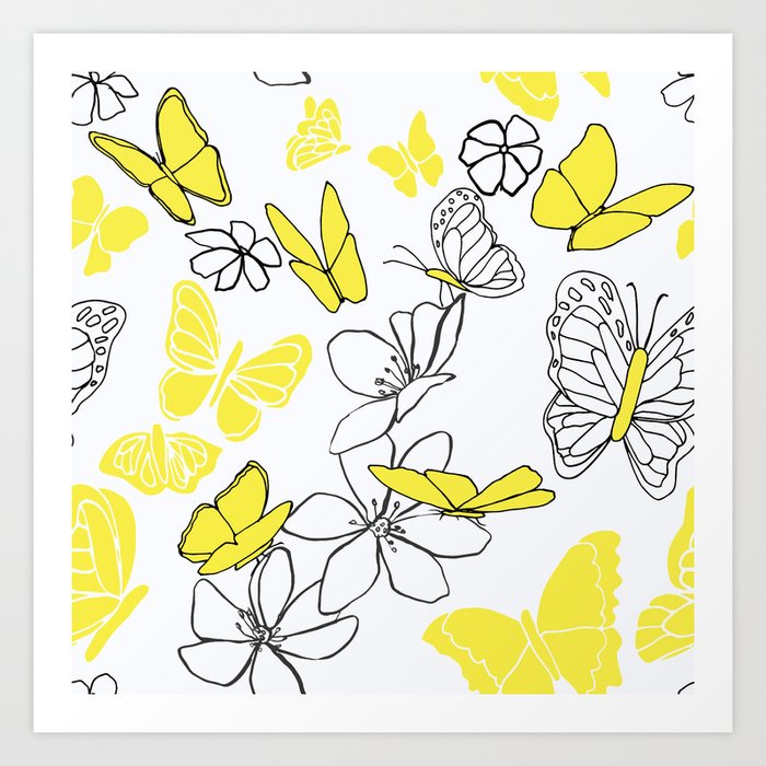 Butterflies Mishmash in Bright Yellow Art Print