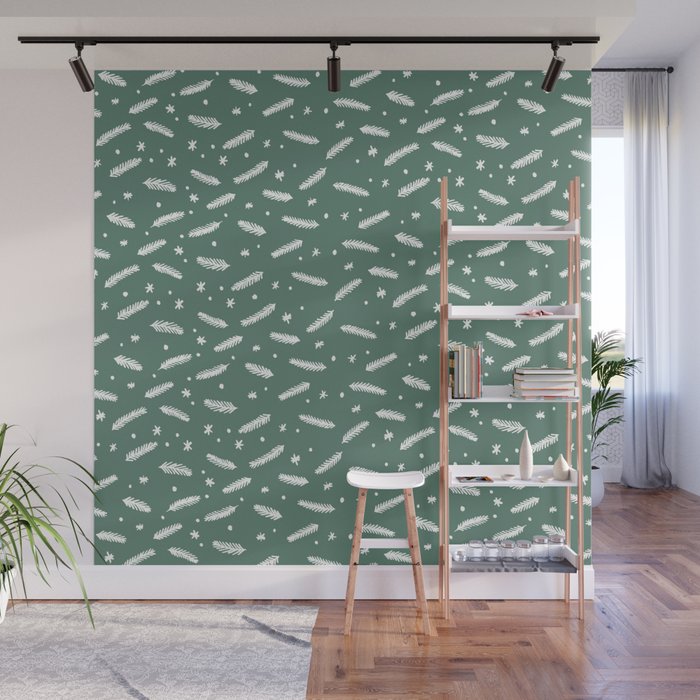 Christmas branches and stars - green and white Wall Mural