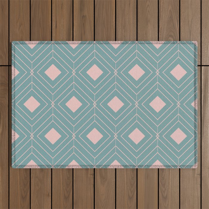 Modern Deco Geometric Pattern Teal and Blush Outdoor Rug
