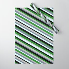 [ Thumbnail: Eye-catching Forest Green, Grey, Slate Gray, Light Cyan & Black Colored Lined/Striped Pattern Wrapping Paper ]