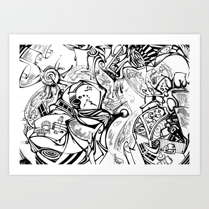 Chaotic Inky Doodle Black and White Art Print