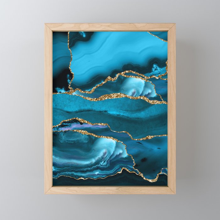 Abstract  Iceblue  And Gold Emerald Marble Landscape  Framed Mini Art Print