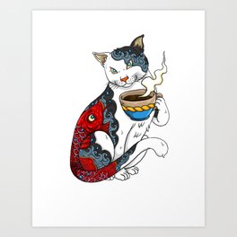 Cat Drinking Coffee With Fish Tattoo - Cat & Coffee Lovers gift idea Art Print