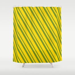 [ Thumbnail: Green and Yellow Colored Pattern of Stripes Shower Curtain ]
