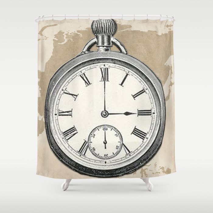 Vintage Pocket Watch On Monochrome World Map Shower Curtain By