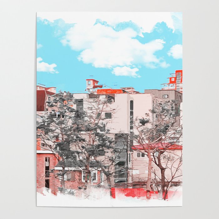 A water painting style photo of peaceful city view  Poster