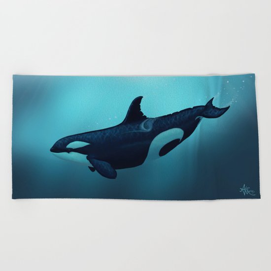 "Lost in Serenity" by Amber Marine ~ Orca / Killer Whale Art, (c) 2015 Beach Towel