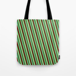 [ Thumbnail: Light Green, Maroon & Sea Green Colored Stripes/Lines Pattern Tote Bag ]