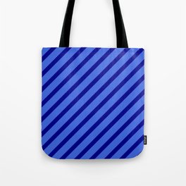 [ Thumbnail: Royal Blue & Dark Blue Colored Stripes Pattern Tote Bag ]
