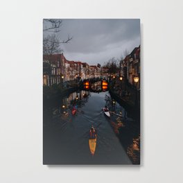 Photo of canoeing people in the twilight on the Dutch canals of Leiden, The Netherlands | Fine Art Colorful Travel Photography | Art Print Metal Print