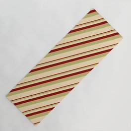 [ Thumbnail: Dark Red, Dark Khaki & Tan Colored Stripes Pattern Yoga Mat ]
