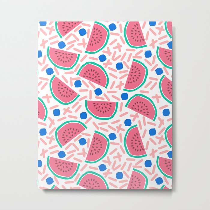 Slicer - watermelon tropical fruit summer spring pattern nature children retro bright happy 1980s Metal Print