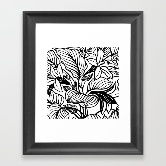 White And Black Floral Minimalist Line Drawing Framed Art Print