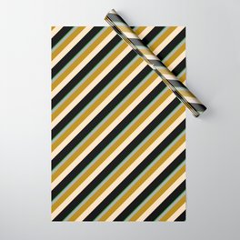 [ Thumbnail: Eyecatching Forest Green, Dark Grey, Dark Goldenrod, Bisque & Black Colored Lines Pattern Wrapping Paper ]
