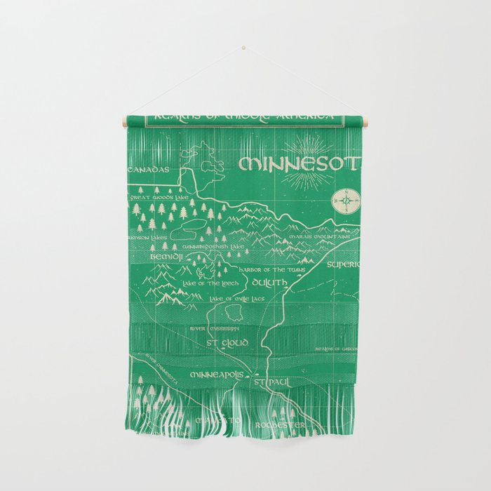 Fantasy Style Map of Minnesota - Green Wall Hanging