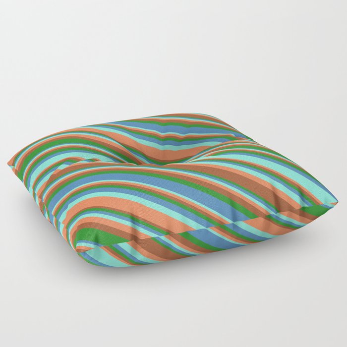 Aquamarine, Coral, Sienna, Forest Green, and Blue Colored Lined/Striped Pattern Floor Pillow