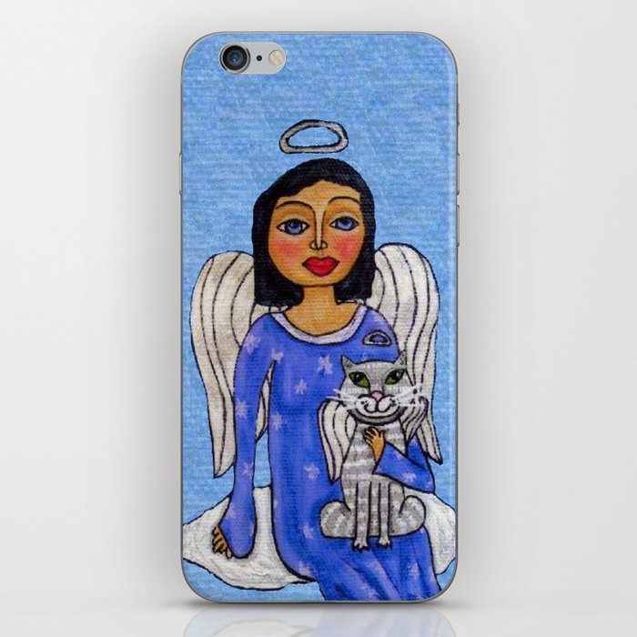 Peaceful Folk Art Angel White Cat Angel Sky on Cloud Blue iPhone Skin