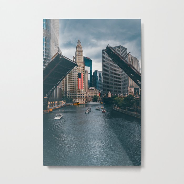 Chicago River Bridge Lifts Metal Print