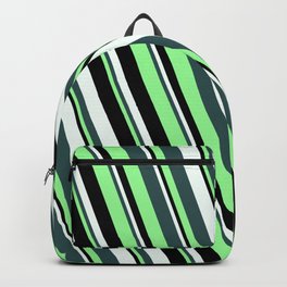[ Thumbnail: Dark Slate Gray, Green, Black & Mint Cream Colored Stripes/Lines Pattern Backpack ]