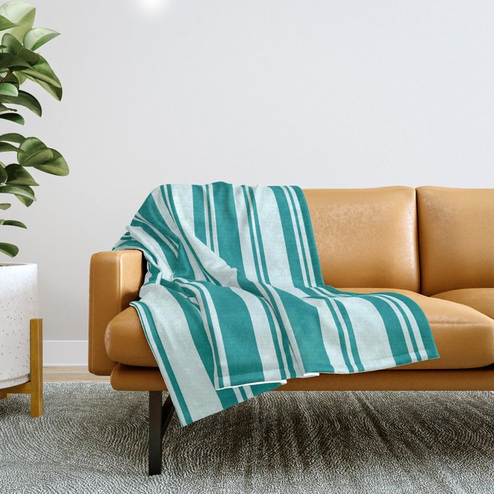 Light Cyan and Dark Cyan Colored Lines Pattern Throw Blanket