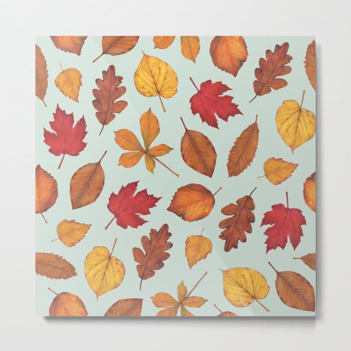 Autumn Leaves Illustration Pattern | Pale Green Leaves Pattern | Oak Linden Maple pattern Metal Print