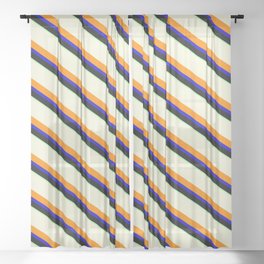 [ Thumbnail: Vibrant Beige, Dark Orange, Blue, Black & Green Colored Stripes Pattern Sheer Curtain ]