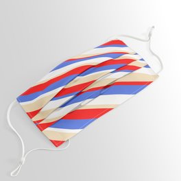 [ Thumbnail: Red, Royal Blue, White & Tan Colored Lined Pattern Face Mask ]