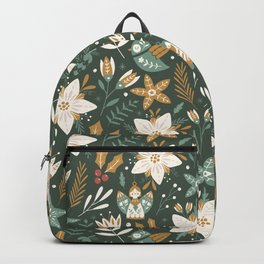 Christmas Floral Backpack | Pattern, Christmas, Flowers, Ornaments, Holiday, Angel, Folk, Drawing, Bird, Star 
