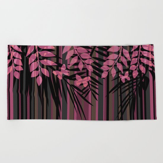 Butterflies and leaves on a striped red-and-black background . Beach Towel