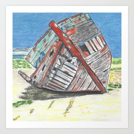 Shipwrecked Colored Pencil Drawing of an Old Boat Art Print | Handdrawn, Wooden, Decrepit, Stranded, Colored Pencil, Fallingapart, Ship, Old, Drawing, Coloredpencil 