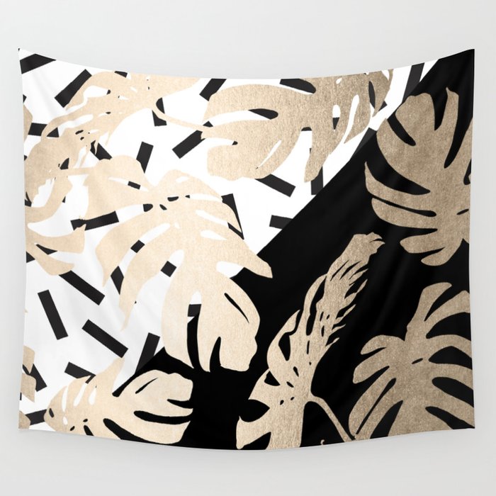Simply Tropical Midnight Black Memphis Palm Leaves Wall Tapestry