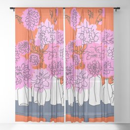 Retro Spring Floral Bouquet Pink and Red Sheer Curtain