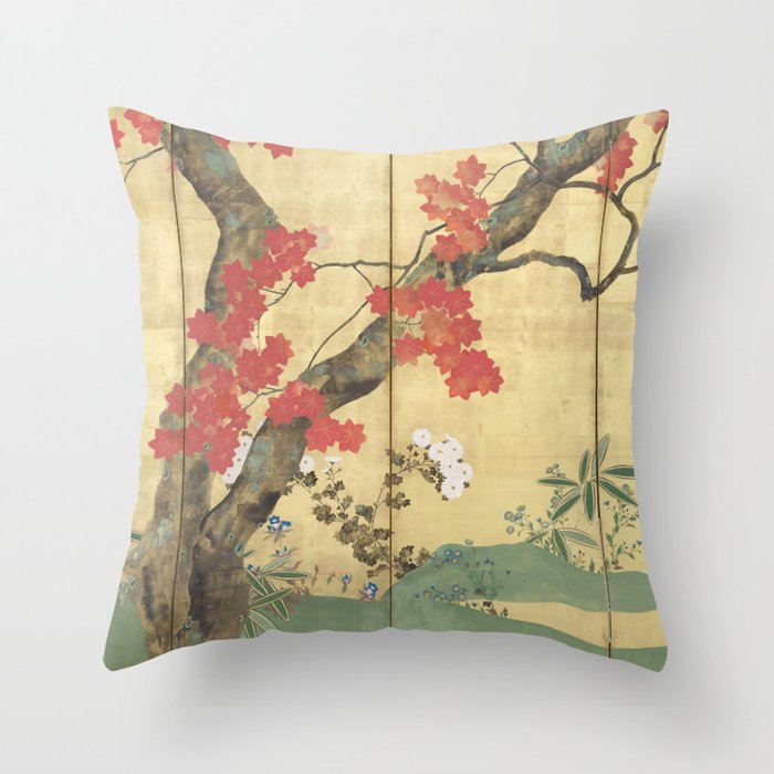Maple Tree Japanese Edo Period Six-Panel Gold Leaf Screen Throw Pillow