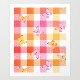 Checks and Butterflies Pink Orange Yellow Art Print
