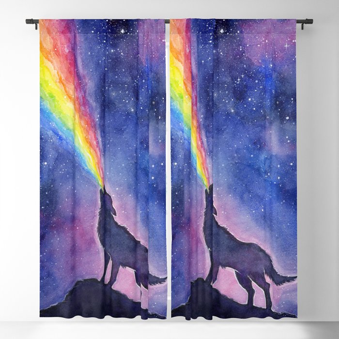 Galaxy Wolf Howling Rainbow Blackout Curtain