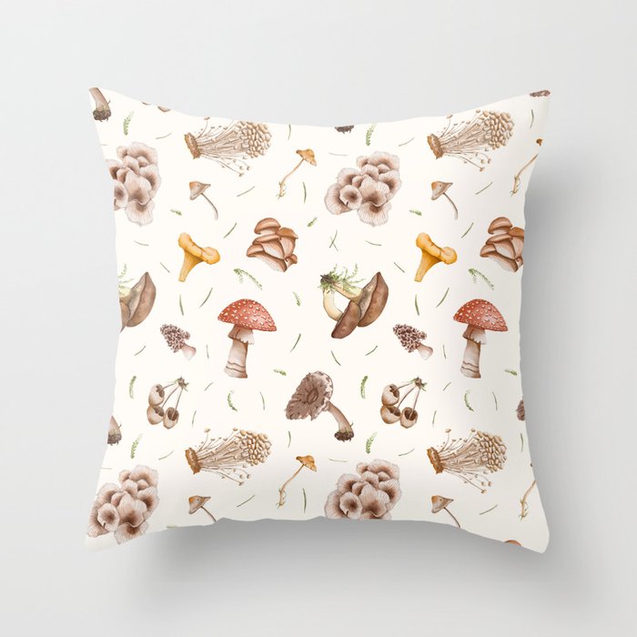 Mushrooms Watercolor Throw Pillow