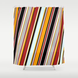 [ Thumbnail: Eyecatching Red, Light Cyan, Orange, Black, and Grey Colored Lines/Stripes Pattern Shower Curtain ]
