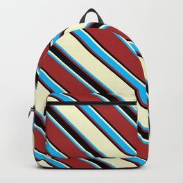[ Thumbnail: Light Yellow, Deep Sky Blue, Brown & Black Colored Lines/Stripes Pattern Backpack ]