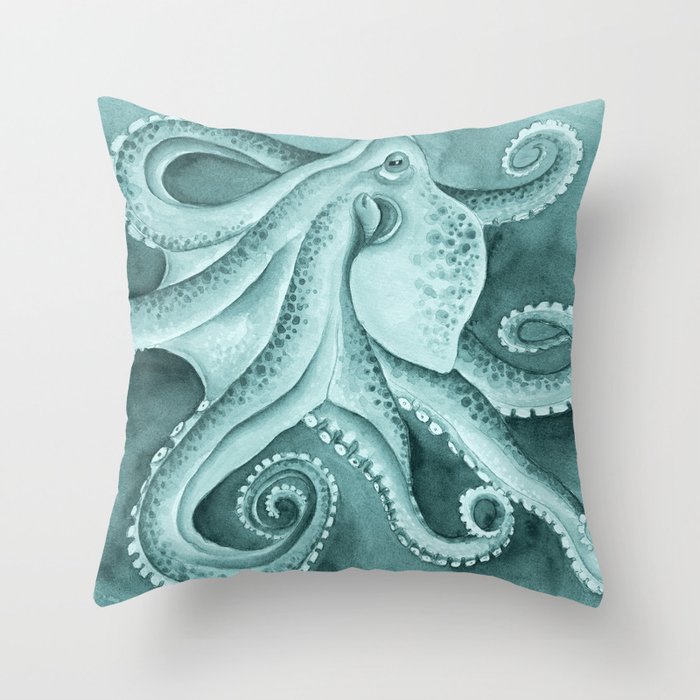 Cyan Green Octopus Tentacles Ink Watercolor Throw Pillow